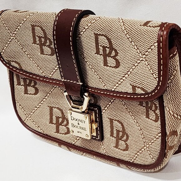Dooney & Bourke BROWN LEATHER Logo Purse Bag Small Canvas Monogram Gold Used - Picture 5 of 16
